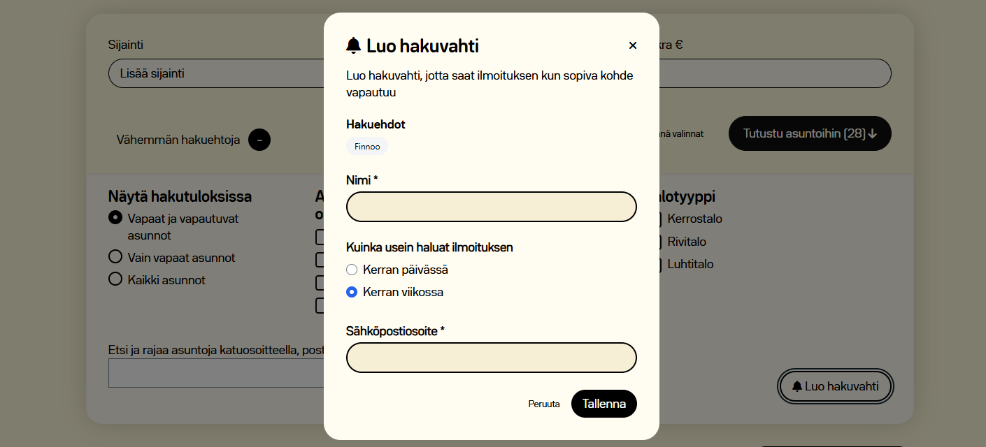 Uusi hakuvahti helpottaa asunnonhakua
